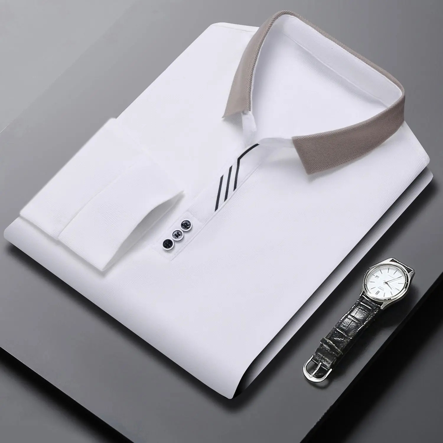 Spring and Autumn Simplicity Buttons Solid Color Turndown Collar Long Sleeve Polo Shirts Mens Clothing Smart Casual TShirt 240702