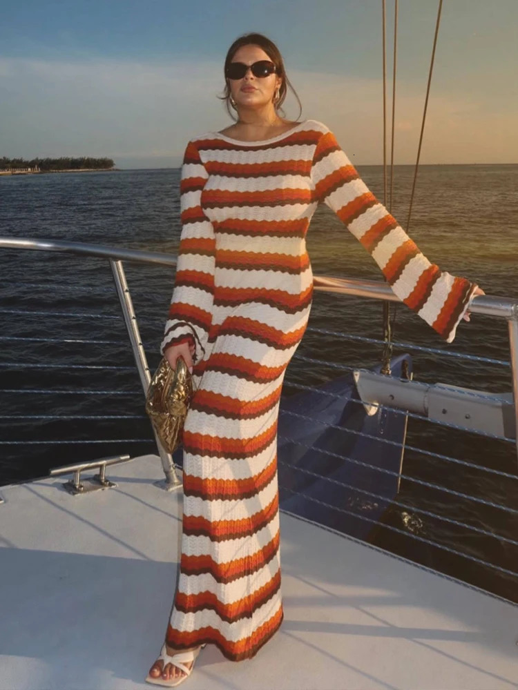 Summer Hollow Out Knitted Beach Dress for Women Elegant Fashion Striped Maxi Dress Sexy Long Sleeve Holidays Party Dress 240703