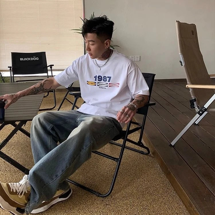 Summer cotton Korean letter printed T shirt American retro round neck mens y2k casual white and gray half sleeved top 240703