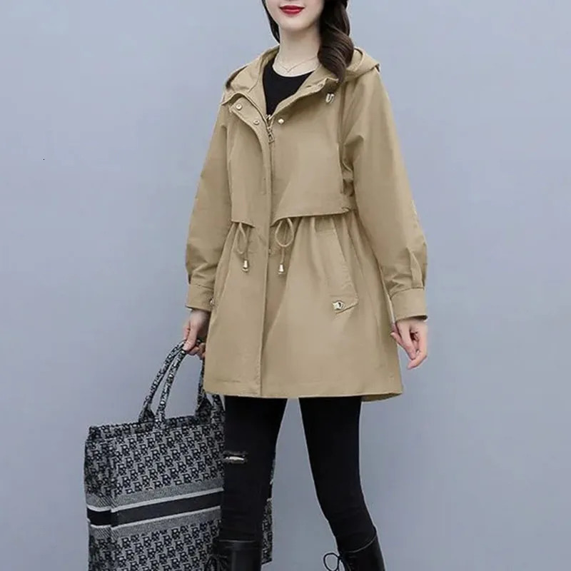 Women Autumn Hooded Trench Coat Fashion Drawcord Loose Pocket Solid Jacket Korean Office Lady Mid Length Casual Outerwear 240703