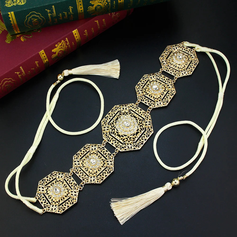Sunspicems Elegent Morocco Rope Belt Women Square Hollow Waist Chain Belt Algeria Bride Wedding Jewelry Hand Tassels Rope Chain 240701