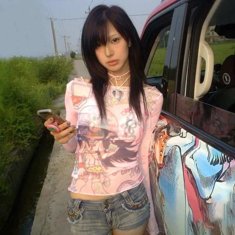 2000s Anime Pattern See-through Long-sleeved T-shirt Kawaii Clothes Japanese Y2k Long-sleeved T-shirt Harajuku Retro T-shirt 240701
