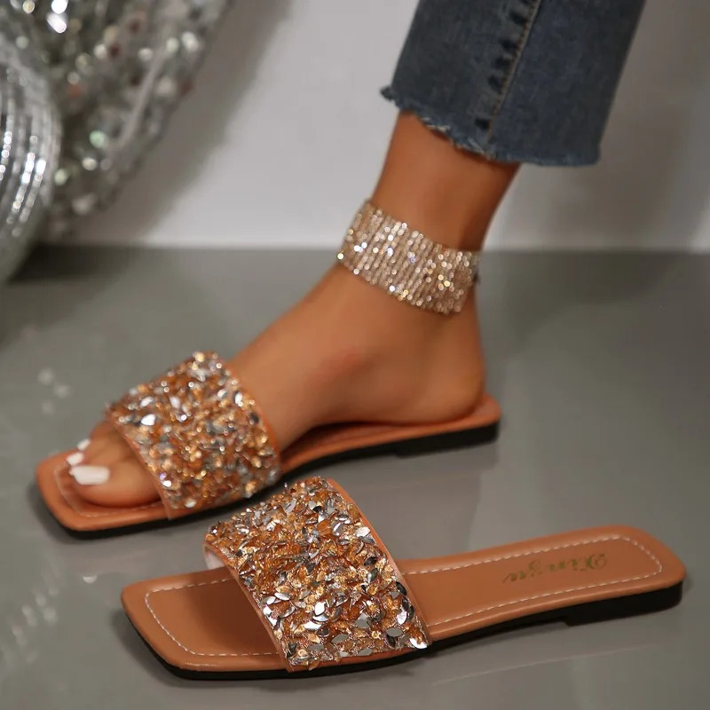 2024 Summer Womens Flat Sandals Shining Outdoor Open Toe Walking Comfortable Fashion Casual Women Slippers Plus Size 43 240704
