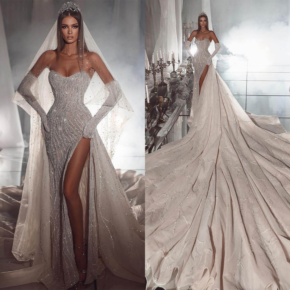 Exquisite Mermaid Wedding Dress With Veil Sequins Sweetheart Strapless Bride Gowns High Split Beaded Sleeveless Bridal Dresses