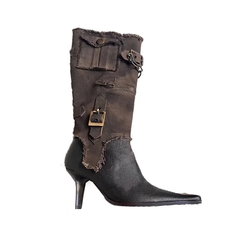Vintage Pointed Belt Buckle Western Cowboy Boot Womens Fashion Metal Chain Detachable Two Wear Tooling Womens Boots 35-39 240703