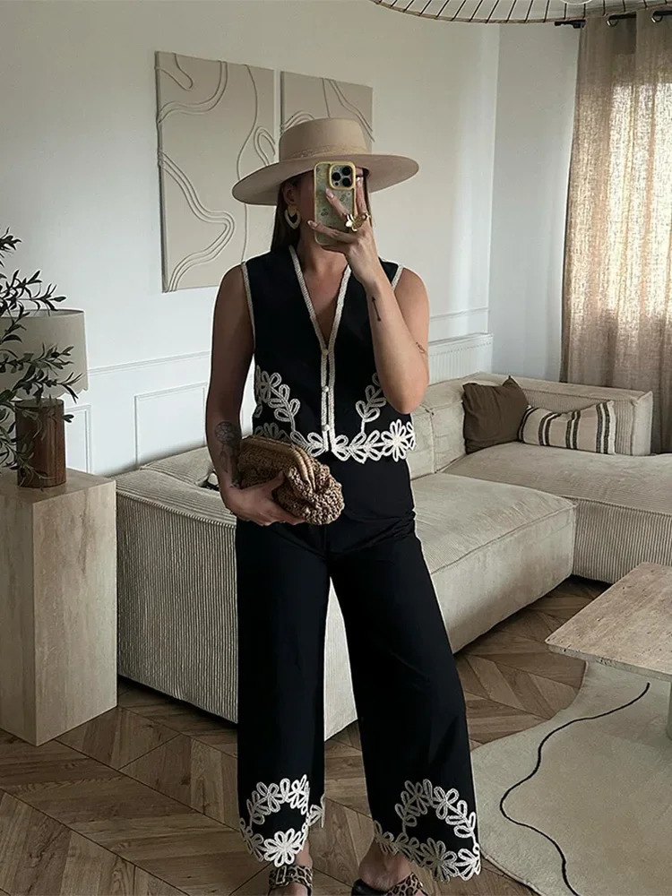 Fashion Contrasting Printed Crop Vest Pants Suit Elegant Women V Neck Sleeveless Tops Wide Leg Set Chic Female Outfits 240702