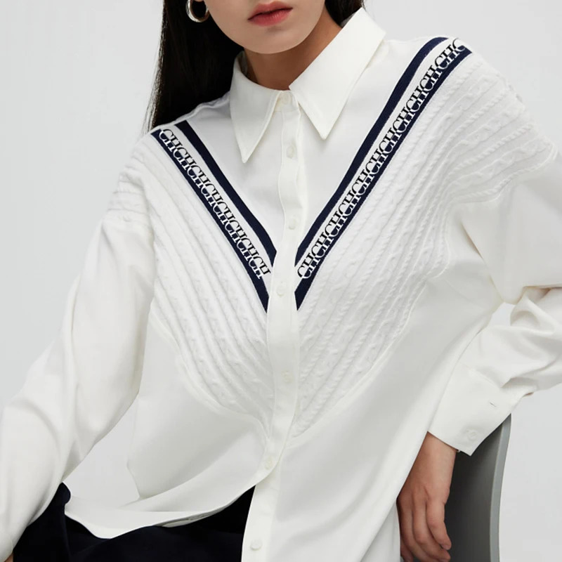 Womens Shirt Casual Fashion Knitted Patchwork Striped Shirt Solid Color Street Style Single Breasted Office Ladies Shirt 240704