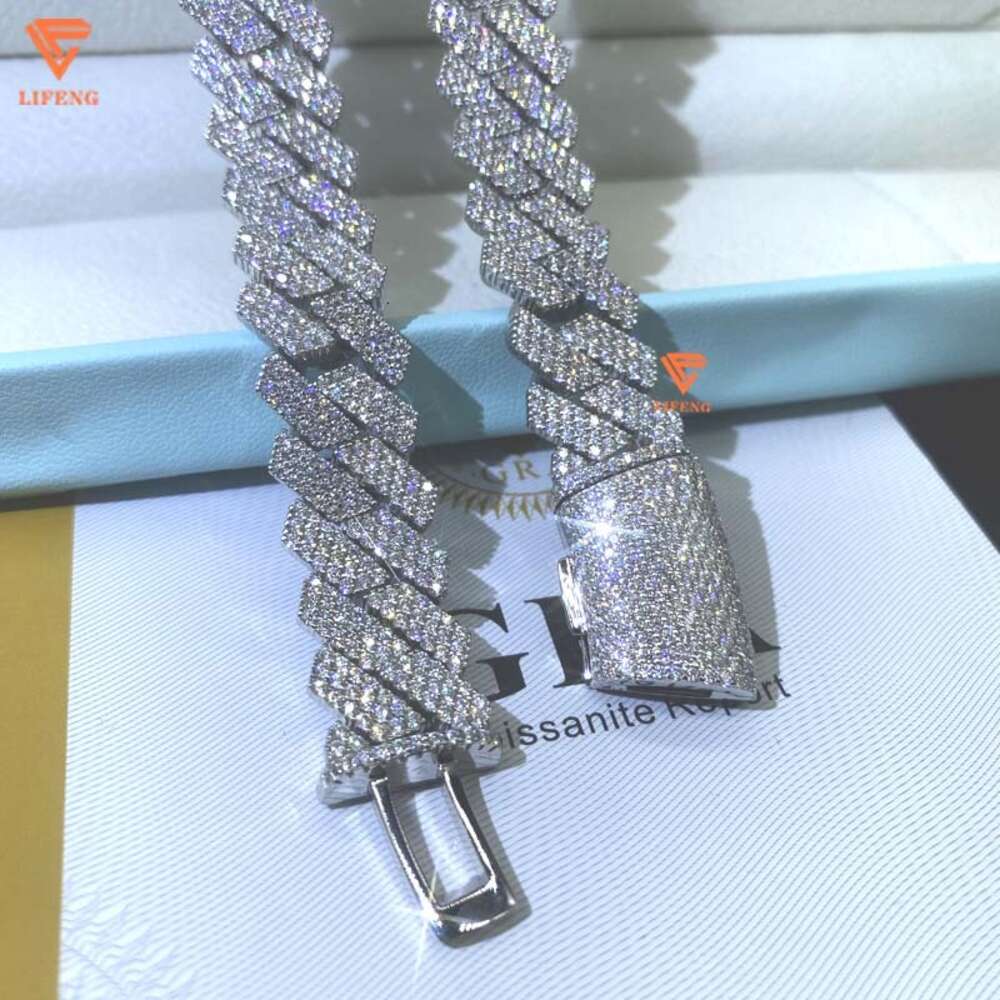 Ice Out 15mm 3row Vvs Moissanite Necklace Cuban Link Chain Handset Diamond Solid Sterling Silver Hiphop Men Cuban Chain Bracelet