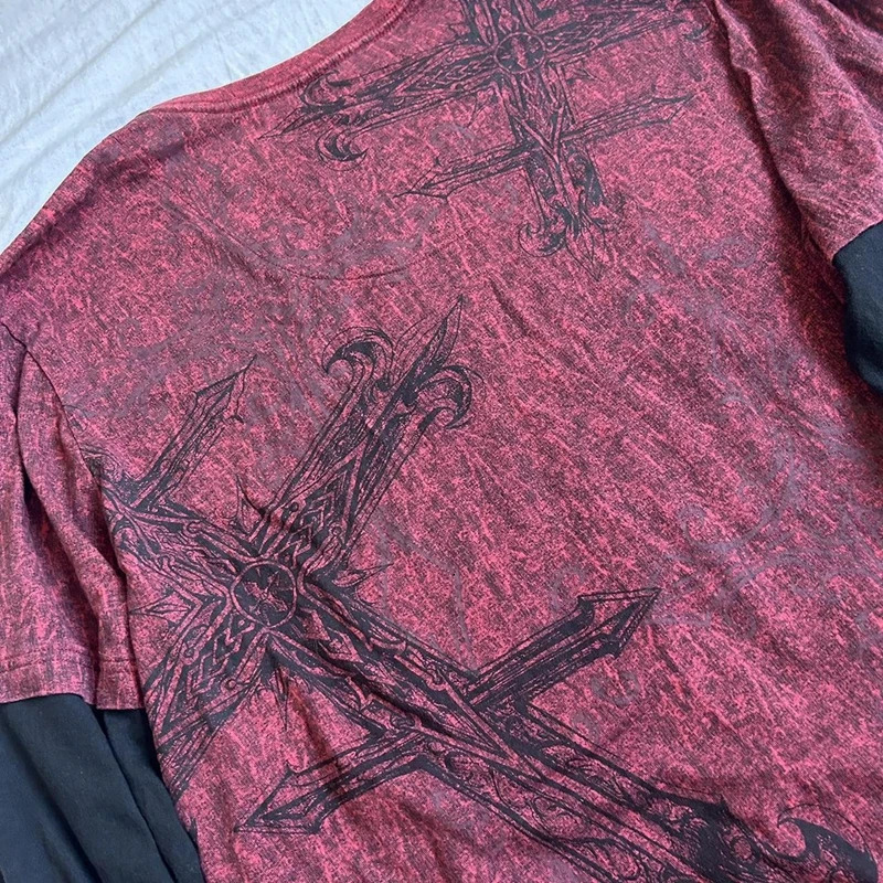 Y2K Grunge Emo Vintage T-shirt 2000s Cross Cyber Goth Patchwork Long Sleeve Tees E-girl Gothic Harajuku Loose Tops Women Men 240703