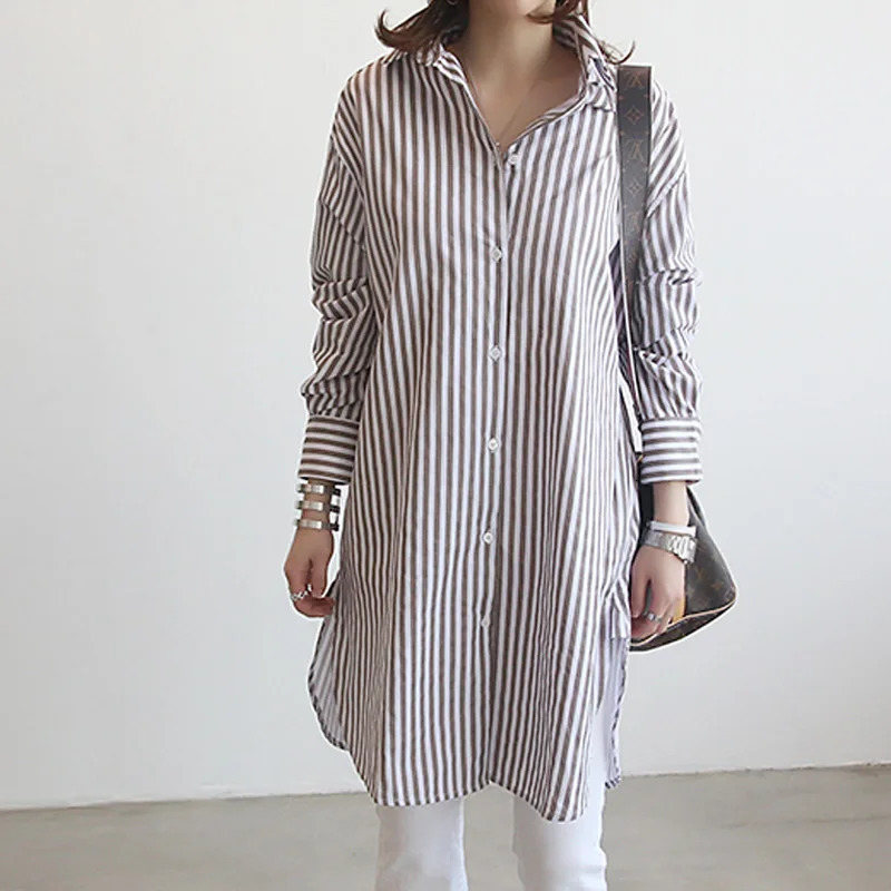 Button Up Womens Striped Kimono Shirt Spring Fall Loose Bule Long Blouse Women Casual Long Sleeve Cardigan Top Blusas Y Camisas 240704