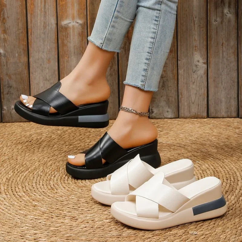 Wedge Heel Sandals Womens 2024 Summer Fashion Muffin Open-toe Fairy Style Outside Wear Thick-soled Shoes Women 240704