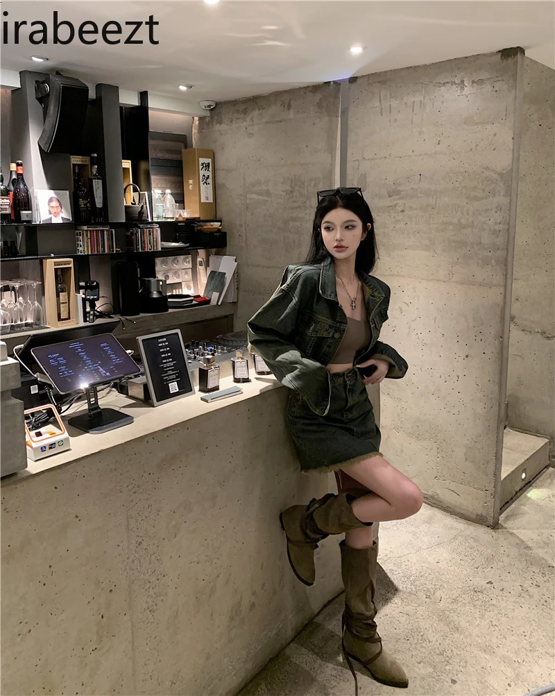 Autumn Denim Women Clothing Retro Coat and High Waist Skirt Two Pieces Set Suit for Female Blazer Sets with 240704