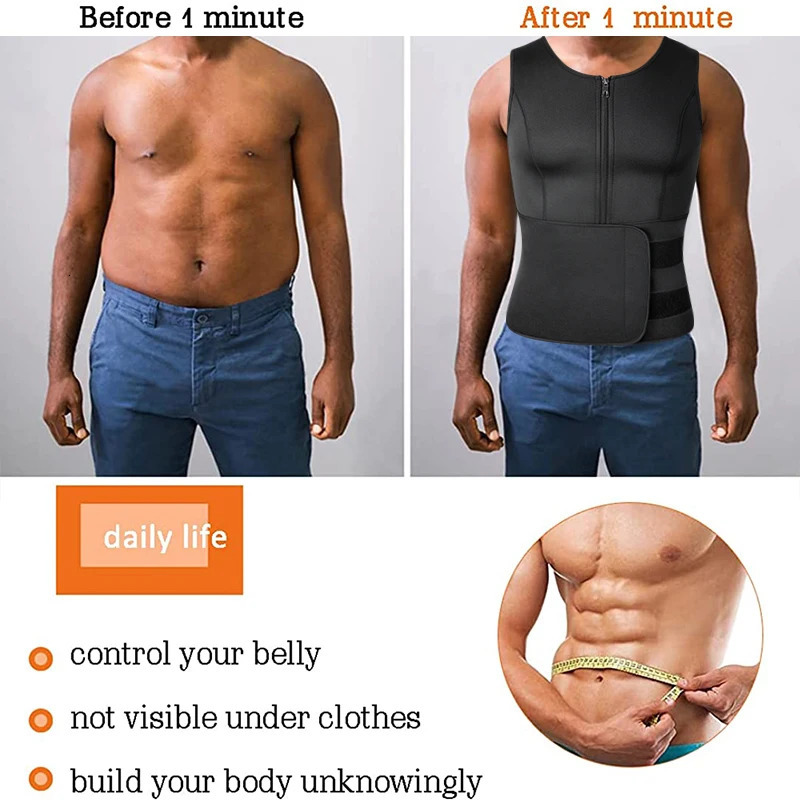 Neoprene Sauna Vest for Men Waist Trainer Corset Belly Compression Sweat Suit Abdomen Slmming Body Shaper Weight Loss Shapewear 240703