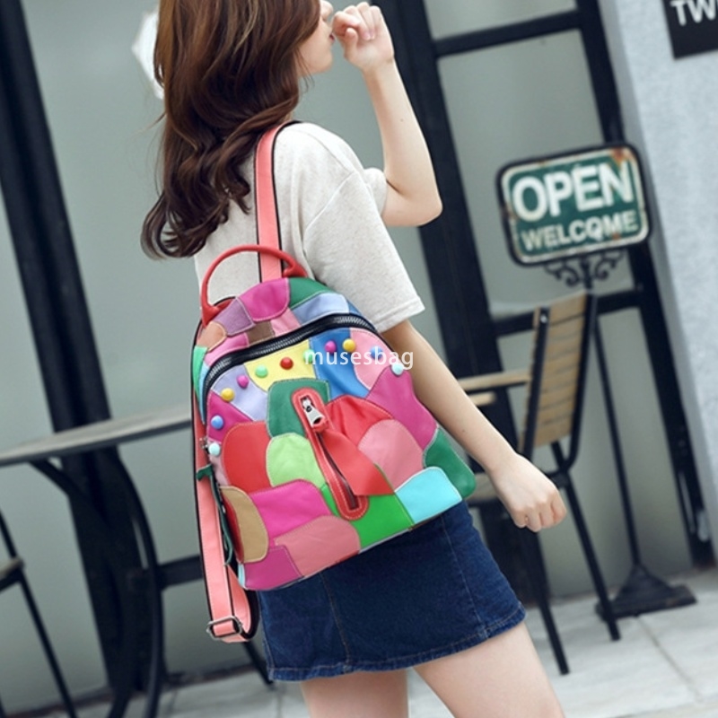 European and American women's fashionable new shoulder bag made of genuine leather practical large capacity backpack cowhide patchwork handbag le