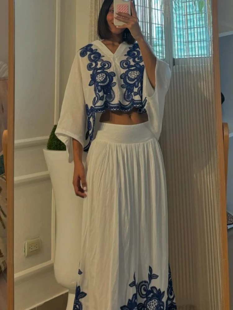 Embroidery Shirts Skirts Sets Women Single Breasted Batwing Sleeve Contrast Crop Top Skirt Suits Vintage Fashion Lady Set 240704