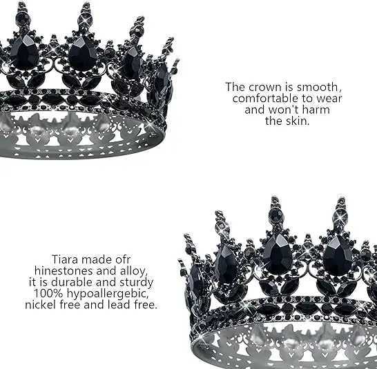 Tiaras NEW Black Queen Round Crown Rhinestone Wedding Crowns and Tiaras for Costume Party