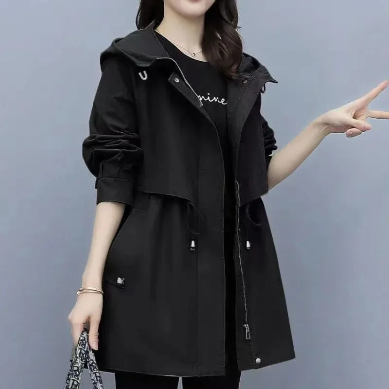 Women Autumn Hooded Trench Coat Fashion Drawcord Loose Pocket Solid Jacket Korean Office Lady Mid Length Casual Outerwear 240703