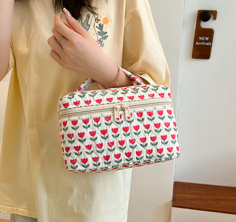 Korean Floral Organizer Cotton Padded Cosmetic Cute Large Make Up Zipper Square Handbag Soft Women Storage Bag H7.4#21
