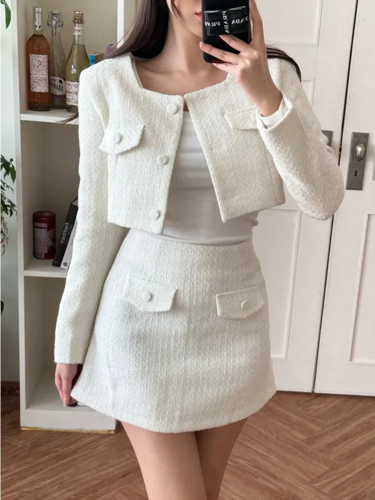High Quality Tweed Two Piece Set Women Short Jacket Coat Skirt 2 piece set outfit conjuntos femininos elegantes 240702
