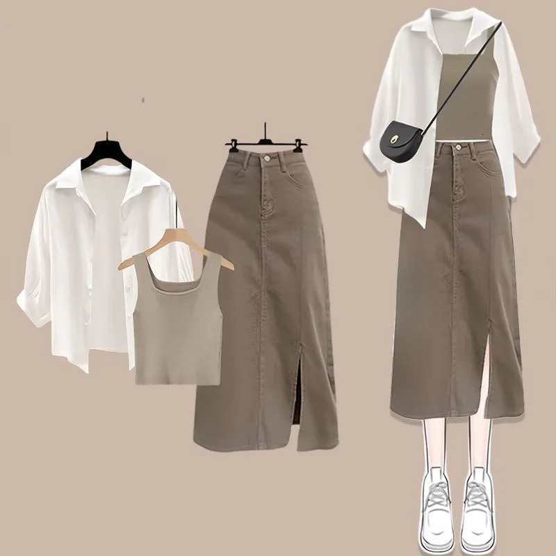 Summer Korean Elegant Dress Matching Set Womens Fashion Sunscreen ShirtVestCowboy Midi Skirt Three Piece Female Suit 240704