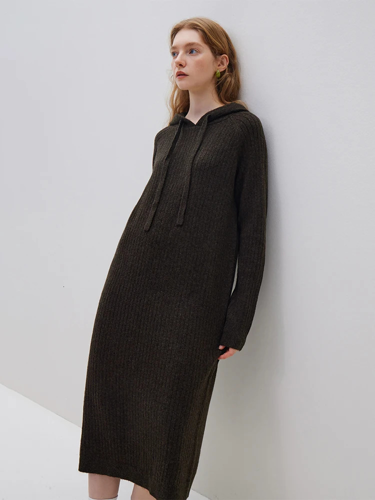 FSLE Retro Casual Hooded Woolen Dress Womens Autumn/Winter Knitted Dress Brown Green High Waist Women Dress 240703