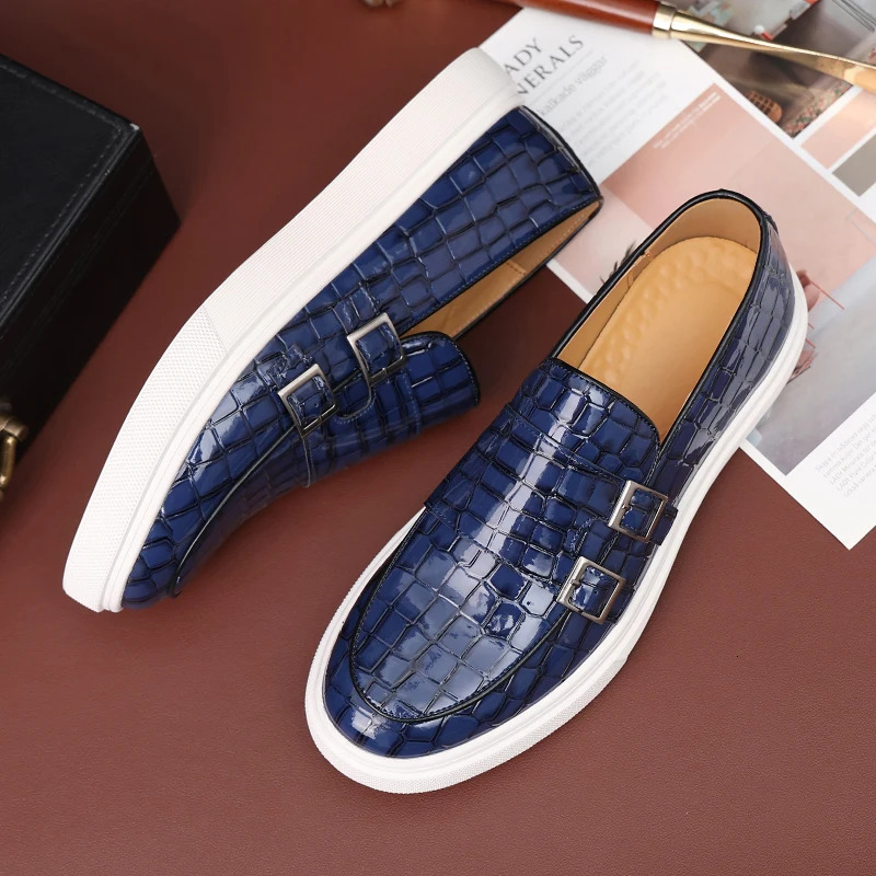 Mens Charm Pattern Monk Strap Leather Leisure Shoes Male Comfortable Thick Bottom Loafers Zapatos Hombre 240703