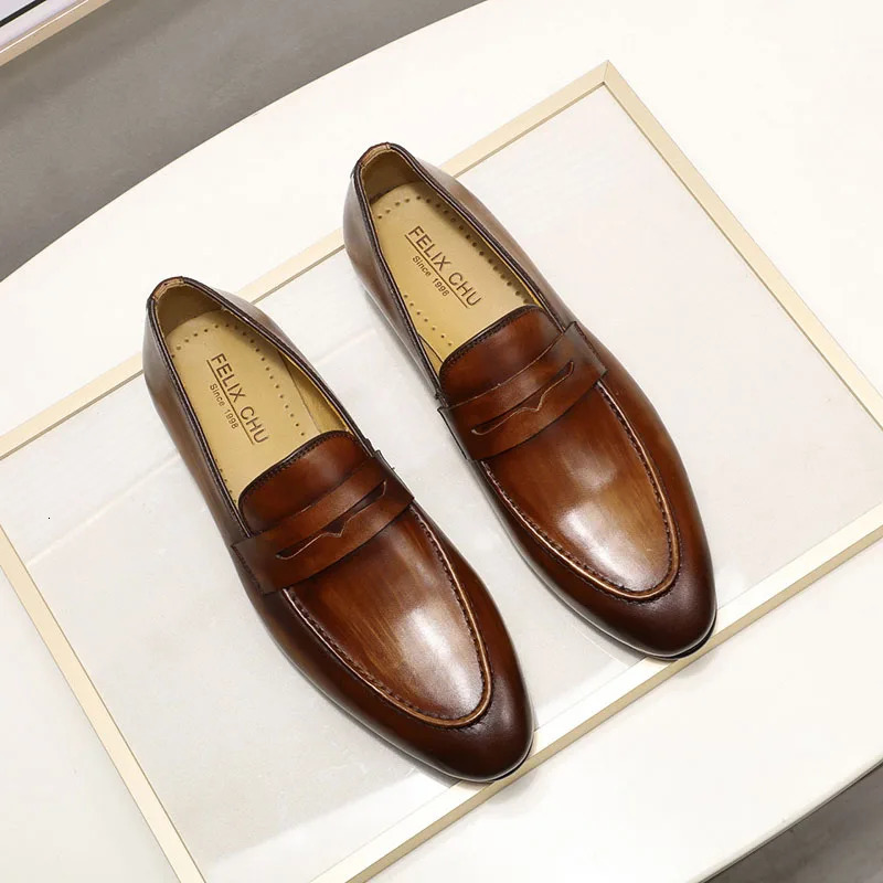 FELIX CHU Mens Penny Loafers Leather Shoes Genuine Leather Elegant Wedding Party Casual Dress Shoes Brown Black Shoes for Men 240703