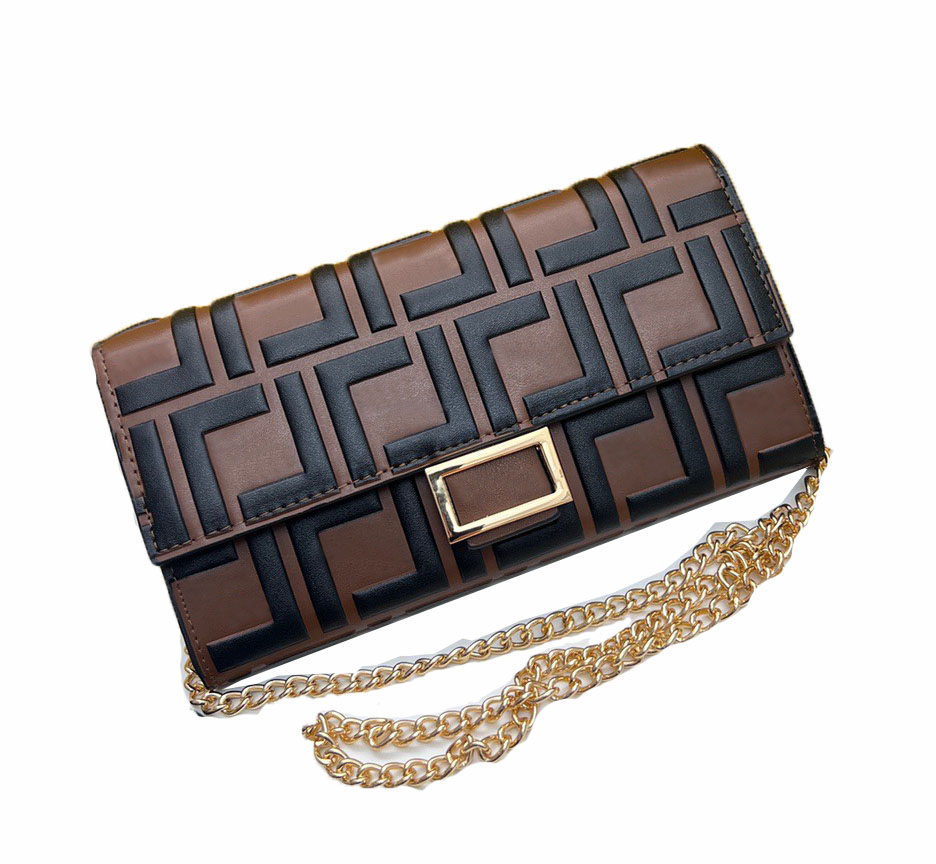 Women's Elegant Designer Wallet Versatile Envelope Long Purse with Gold Lettering & Chain Strap Premium Quality Genuine Leather Mini Shoulder Bag