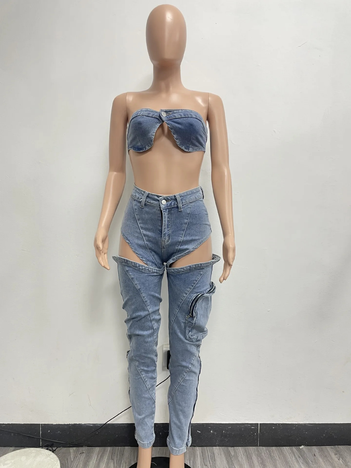 Sexy Denim Bikini Tops Two Piece Sets Matching Outfits 2024 Y2K Streetwear Women Pencil Jean Pant Summer 2 240702