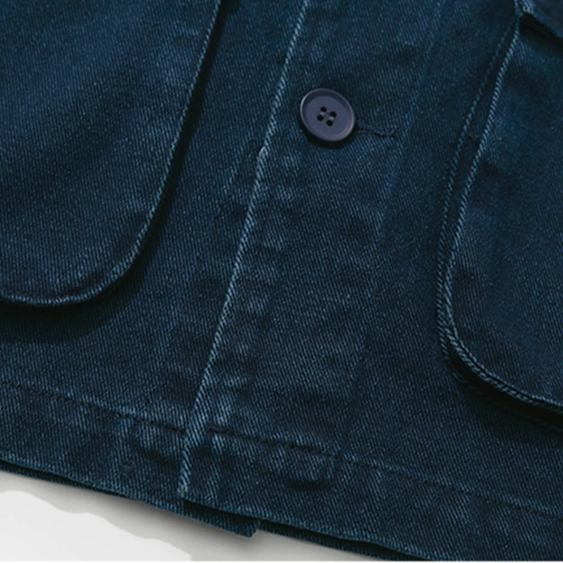 Japan Style VNeck Men Indigo Denim Jacket Single Breasted Spring Autumn Sand Wash Coat With Front Flap Pockets 240701wtt