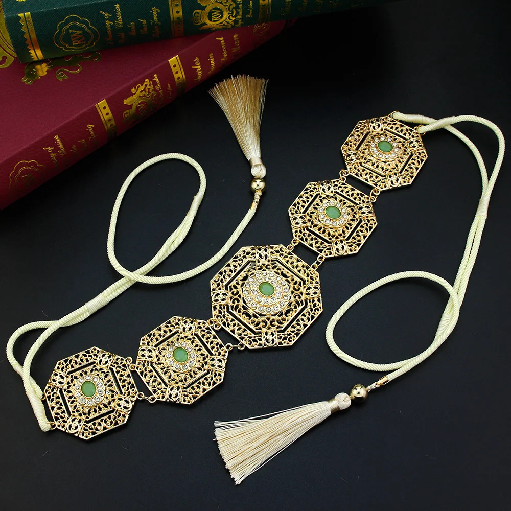 Sunspicems Elegent Morocco Rope Belt Women Square Hollow Waist Chain Belt Algeria Bride Wedding Jewelry Hand Tassels Rope Chain 240701