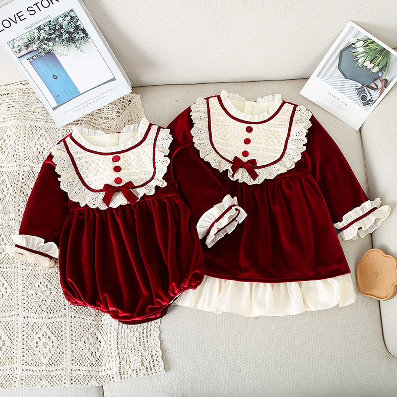 Toddler Girl Red Vintage Velvet Dress Children Lace Bow Lolita Princess Dresses Baby Christmas Frocks Kids Spanish Vestidos 210615