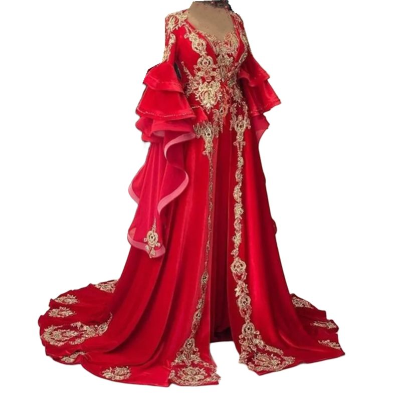 Arabic Caftan Red Velvet Evening Dresses Bell Long Sleeves Gold Lace Appliques Dubai Muslim Formal Occasion Gowns Elegant Moroccan Kaftan Prom Dress F