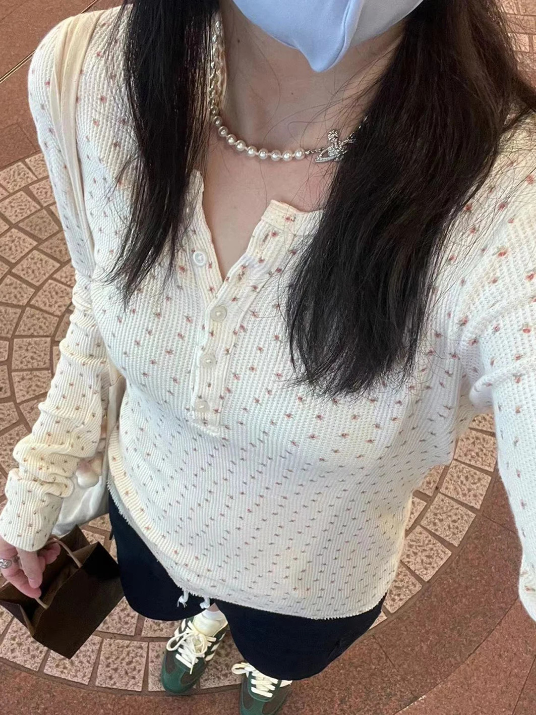Sweet Floral Waffle Long Sleeve T-Shirt Autumn Round Neck Buttons Slim Cotton Top Clothes Woman Vintage Cute y2k Tee Tops 240701