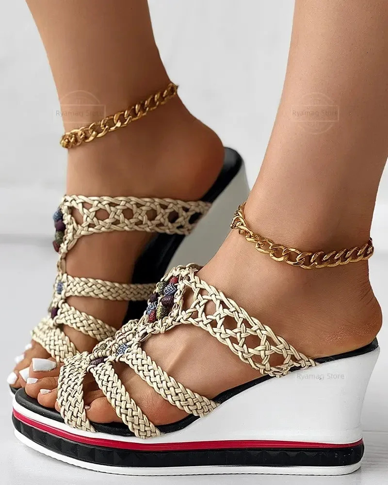 Sandals Flip Flops Women Colorful Beaded Braided Wedge Shoes Beads Slippers Platform Summer Shoes Wedges Ladies 240703