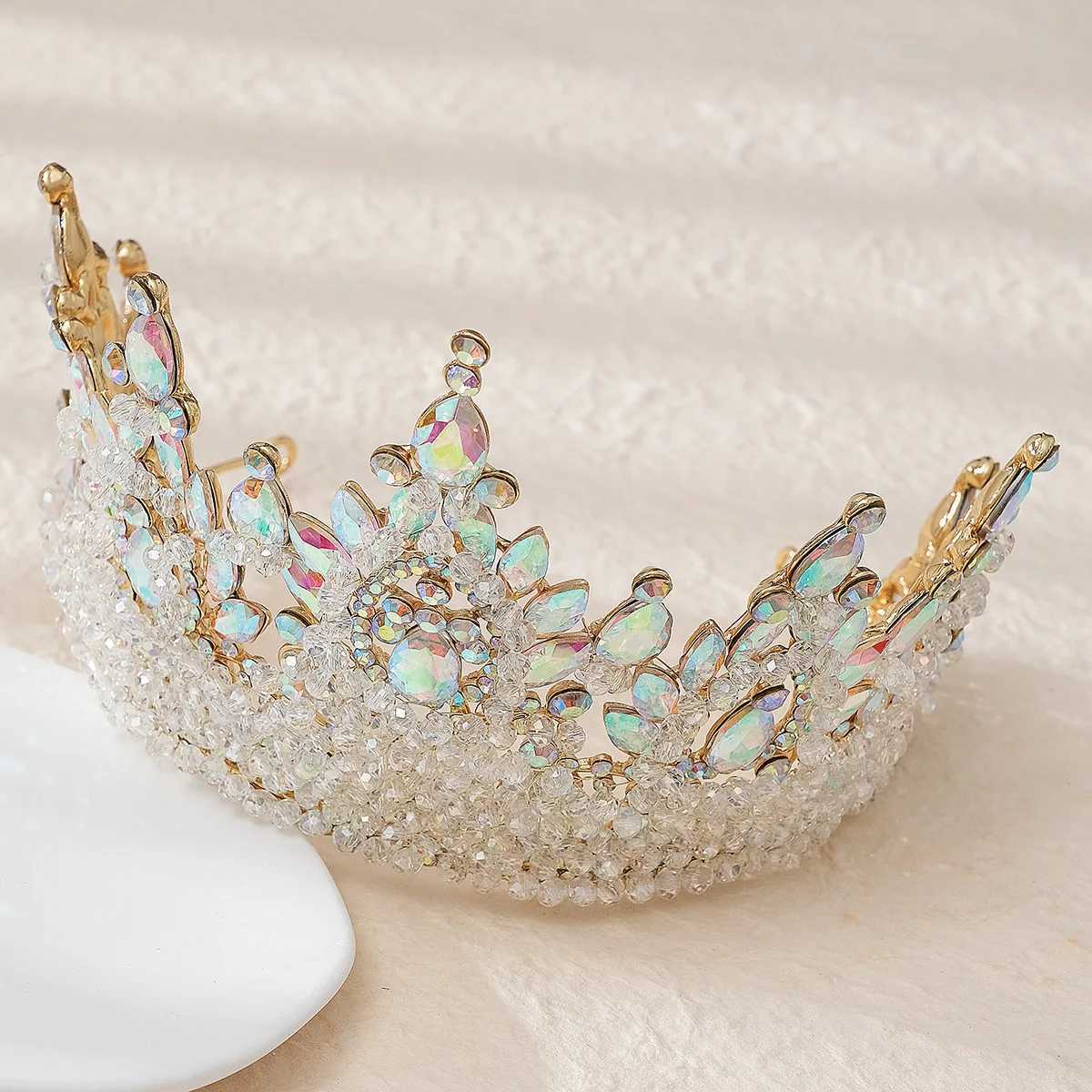 Tiaras Elegant Handmade Crystal Beads Wedding Tiara Green Blue Red Purple Gold Headdress Headpieces Bride Pageant Crown for Queen Women