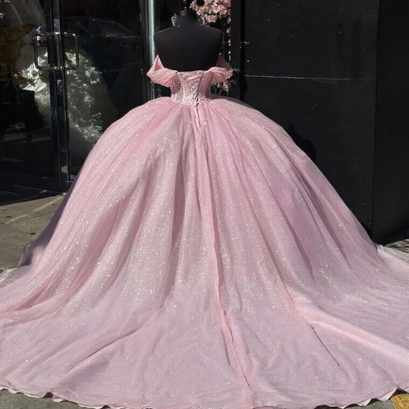 Crystal Glitter Pink Ruffles Ball Gown Quinceanera Dresses Off The Shoulder Beading Tull Pleat Corset Vestido De Anos