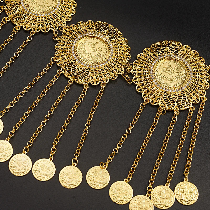 Oman Kurdistan Women Body Chain Coin Tassel Waist Chain Middle East Bridal Jewelry Turkey Coin Gold Plated Belt 240701