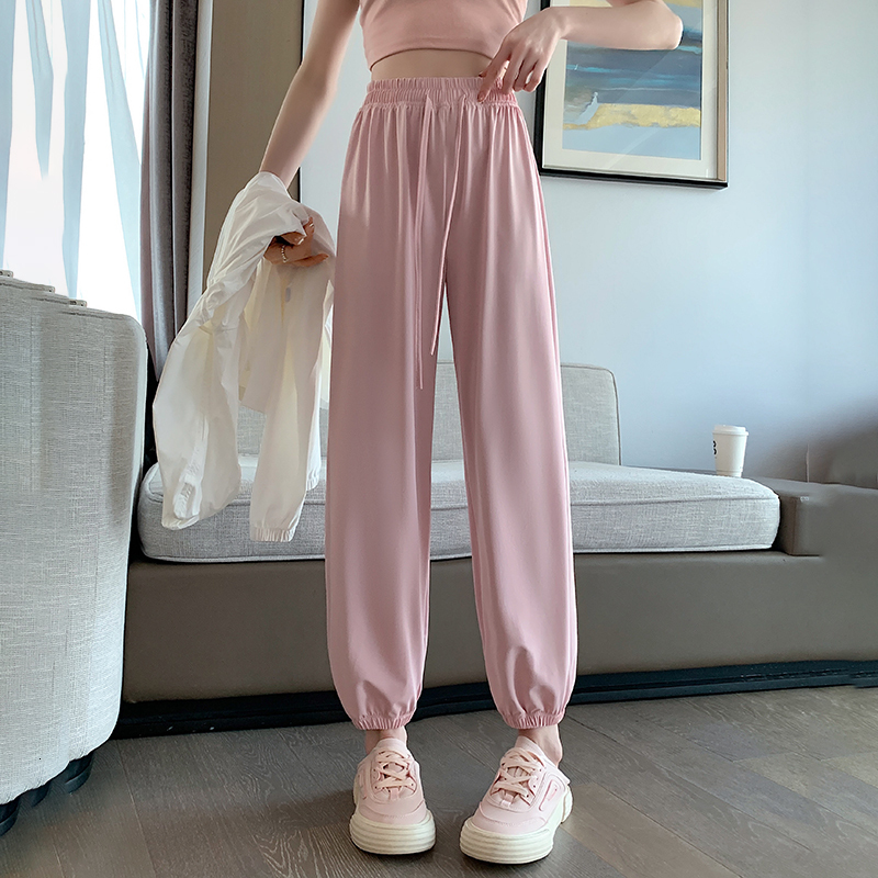 Spring/Summer Thin Ice Silk Sports Women's Pink Short Nine Point Tie Feet Quick Drying Slimming Casual Lantern Sunscreen Pants H7.4#22.54
