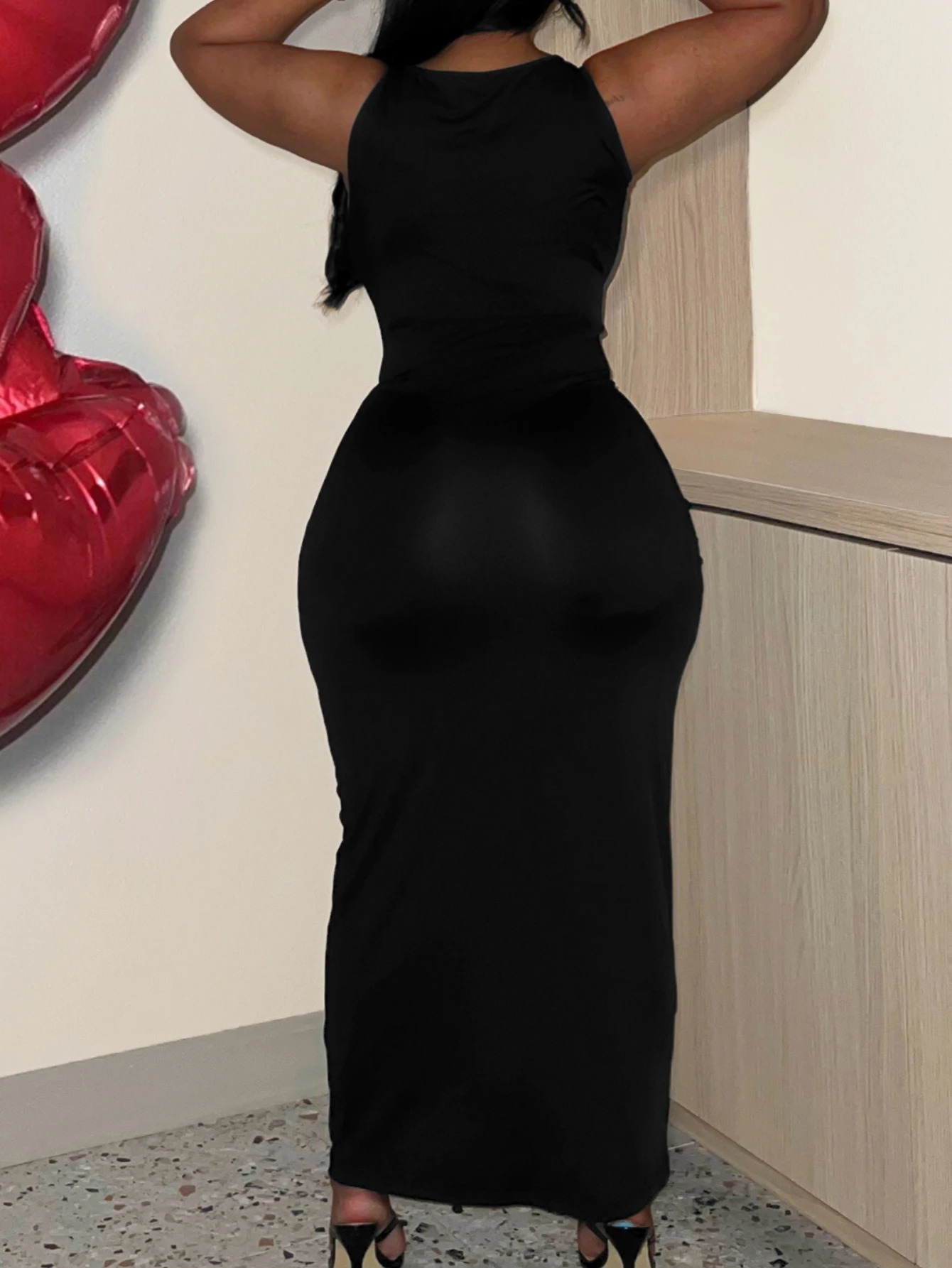 LW Plus Size Heart Decor Bodycon Cami Dres Spring Summer Solid Color Sleeveless U Neck Ankle Length Party Dress Vestidos 240702