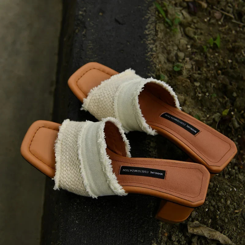 Women Open Toe High Heel Slippers Retro Chunky Heel Platform Slides Summer Breathe Comfort Sandals zapatillas 240704