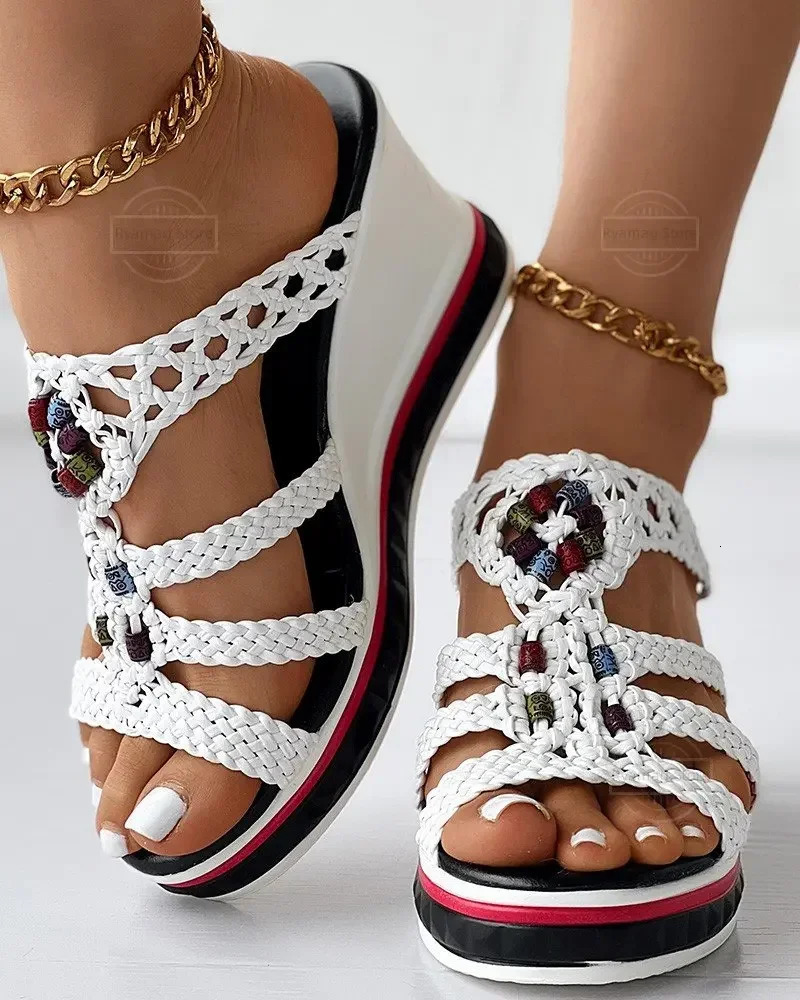 Sandals Flip Flops Women Colorful Beaded Braided Wedge Shoes Beads Slippers Platform Summer Shoes Wedges Ladies 240703