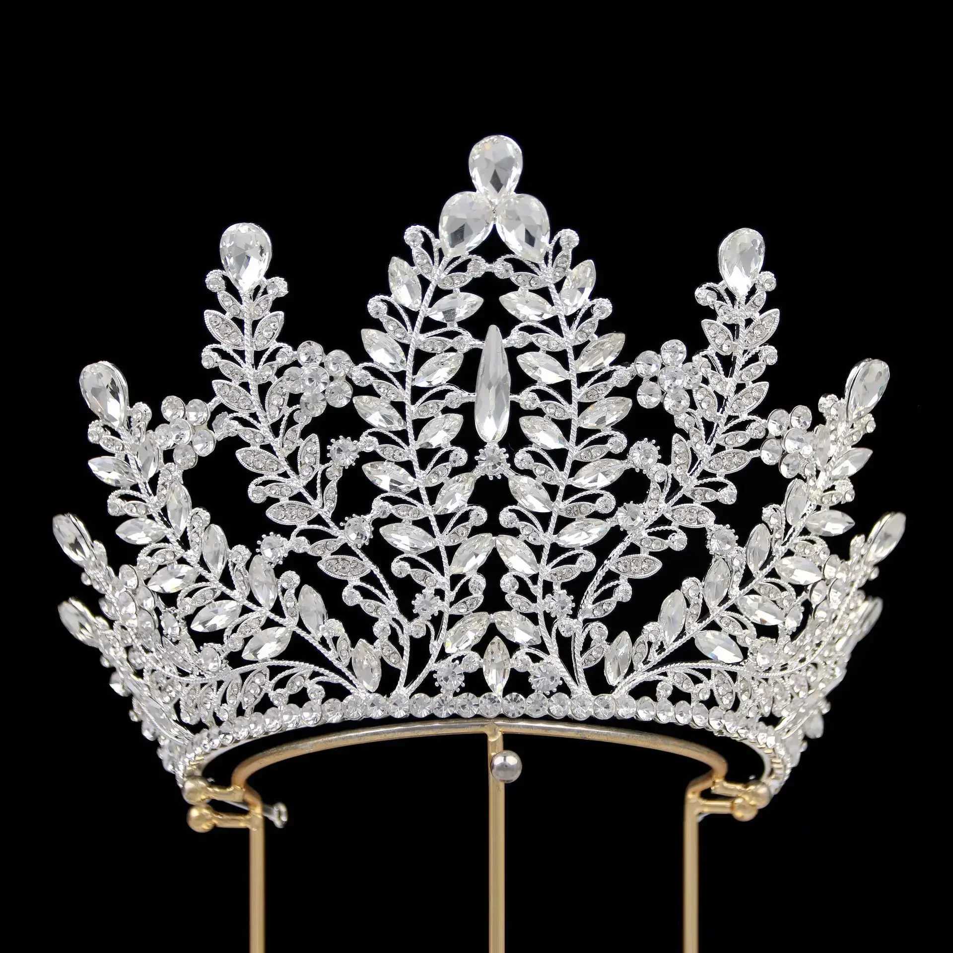 Tiaras Pageant Queen Big Zirconia Crown Leaf Princesa Quinceanera Tiaras De Flor Wholesale Tiara