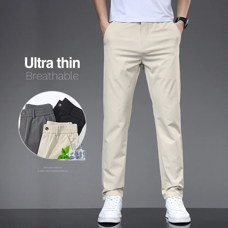 Mens Slim Casual Pants Summer Thin Elastic Waist Business Straight Trousers Solid Color Soft Breathable Black Beige Gray 240701