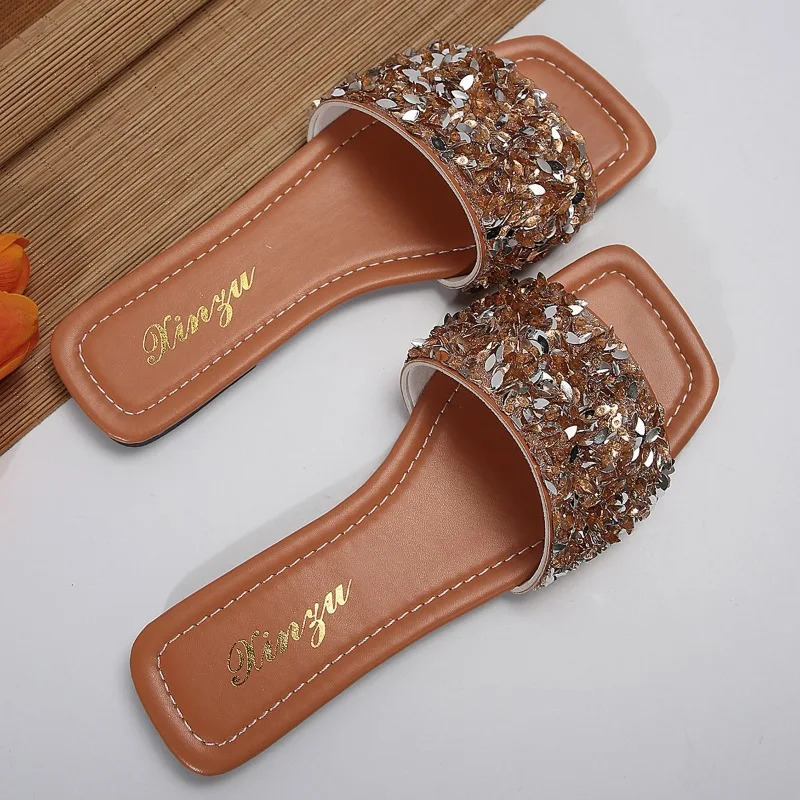 2024 Summer Womens Flat Sandals Shining Outdoor Open Toe Walking Comfortable Fashion Casual Women Slippers Plus Size 43 240704