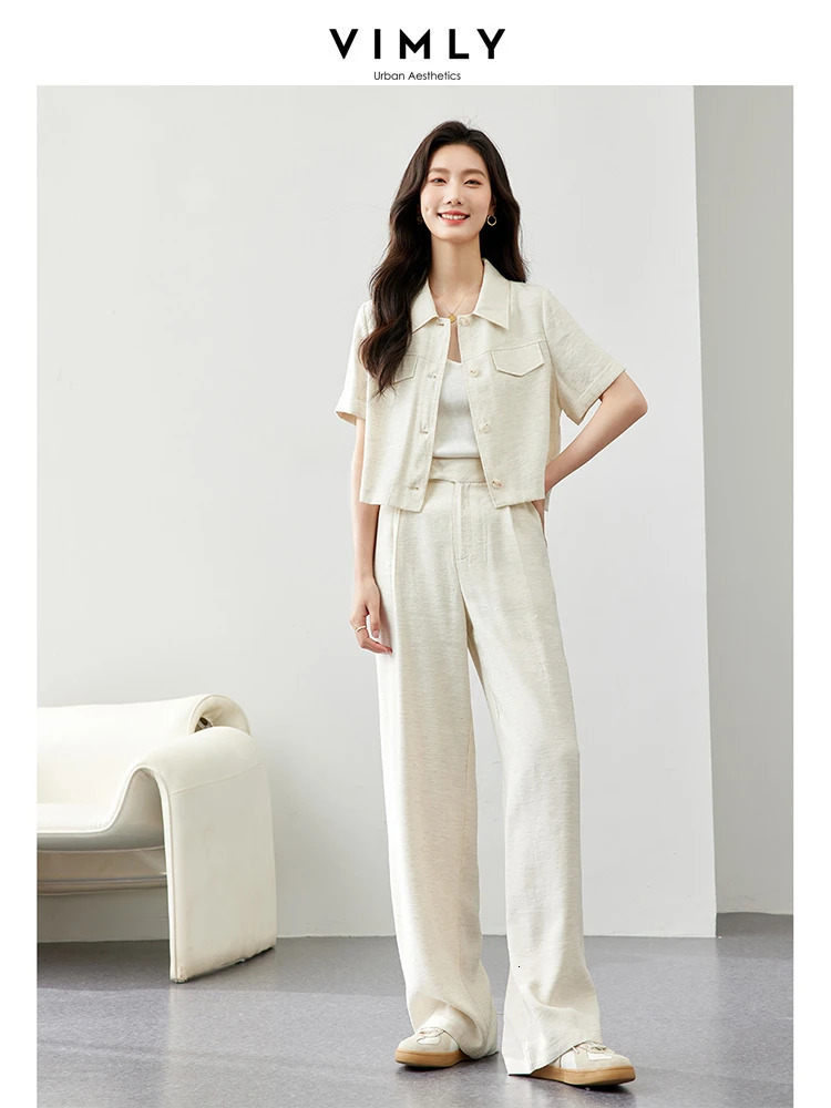 VIMLY Womens Solid Pants Set Summer Simple Turtleneck Cardigan TShirt TopStraight Slim Blazer Two Piece 240702