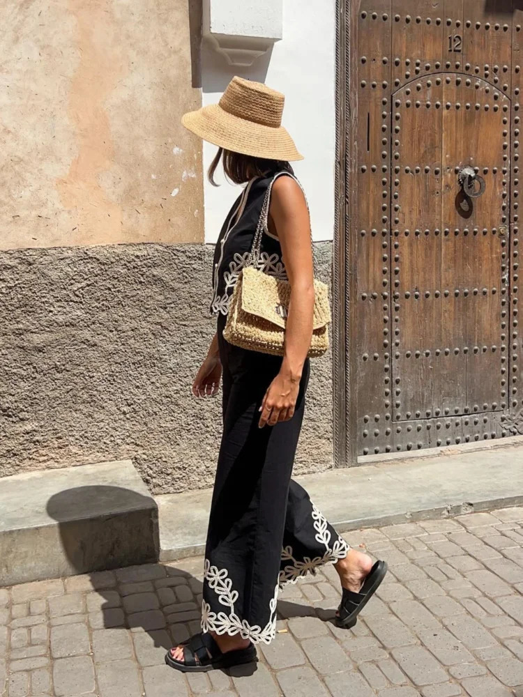 Fashion Contrasting Printed Crop Vest Pants Suit Elegant Women V Neck Sleeveless Tops Wide Leg Set Chic Female Outfits 240702