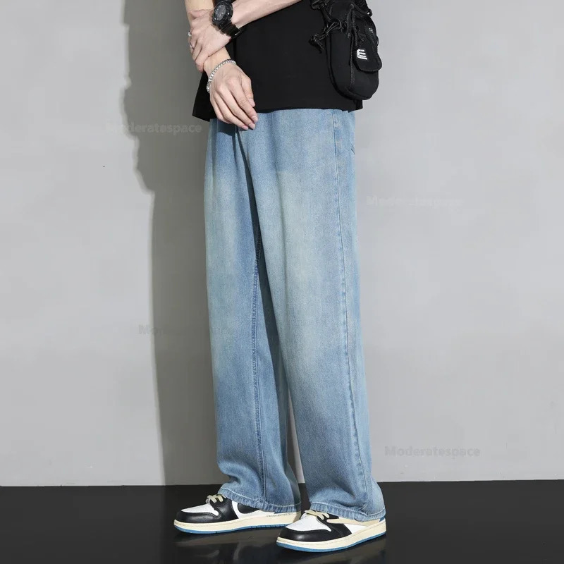 Summer 100 Lyocell Cozy Jeans Men Soft Fabric Elastic Waist Denim Trousers Male Clothes Korea Baggy Straight Casual Pants 240701