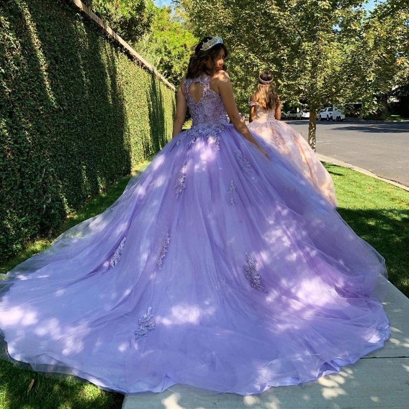 Lavender Princess Quinceanera Dress Off Shoulder Applique Lace Beads Chape Train Prom Lace Up Corset Sweet 16 vestido 15
