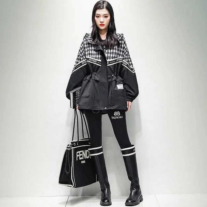 Spring Autumn Trench Coat Womens Long Hooded Print High end Windbreaker Jacket Female Large Size Slim Outerwear 240703